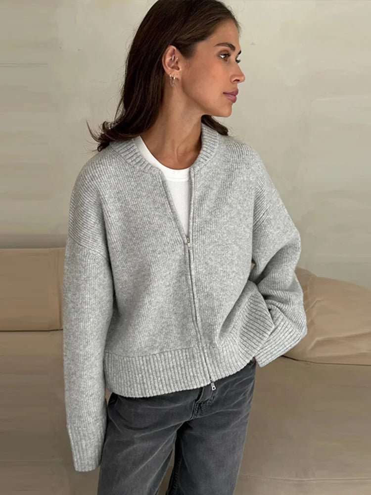 Amelie | Elegante Strickjacke Damen lang mit Reißverschluss