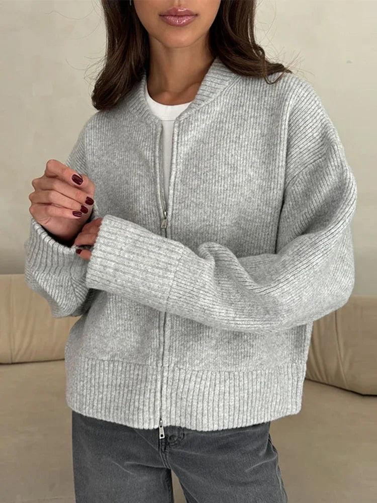 Amelie | Elegante Strickjacke Damen lang mit Reißverschluss