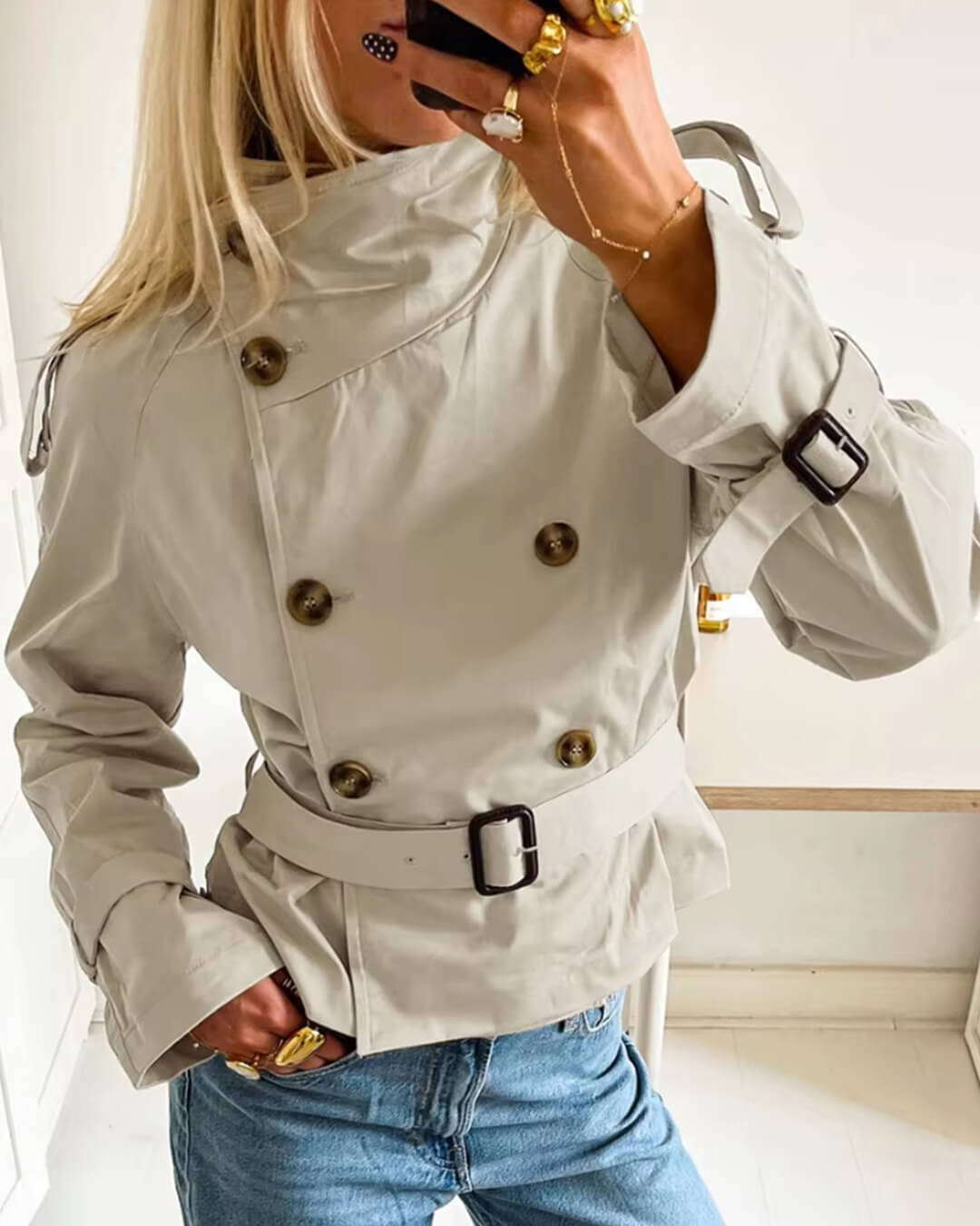 Amelie | Eleganter Kurzer Trenchcoat für Damen Schwarz