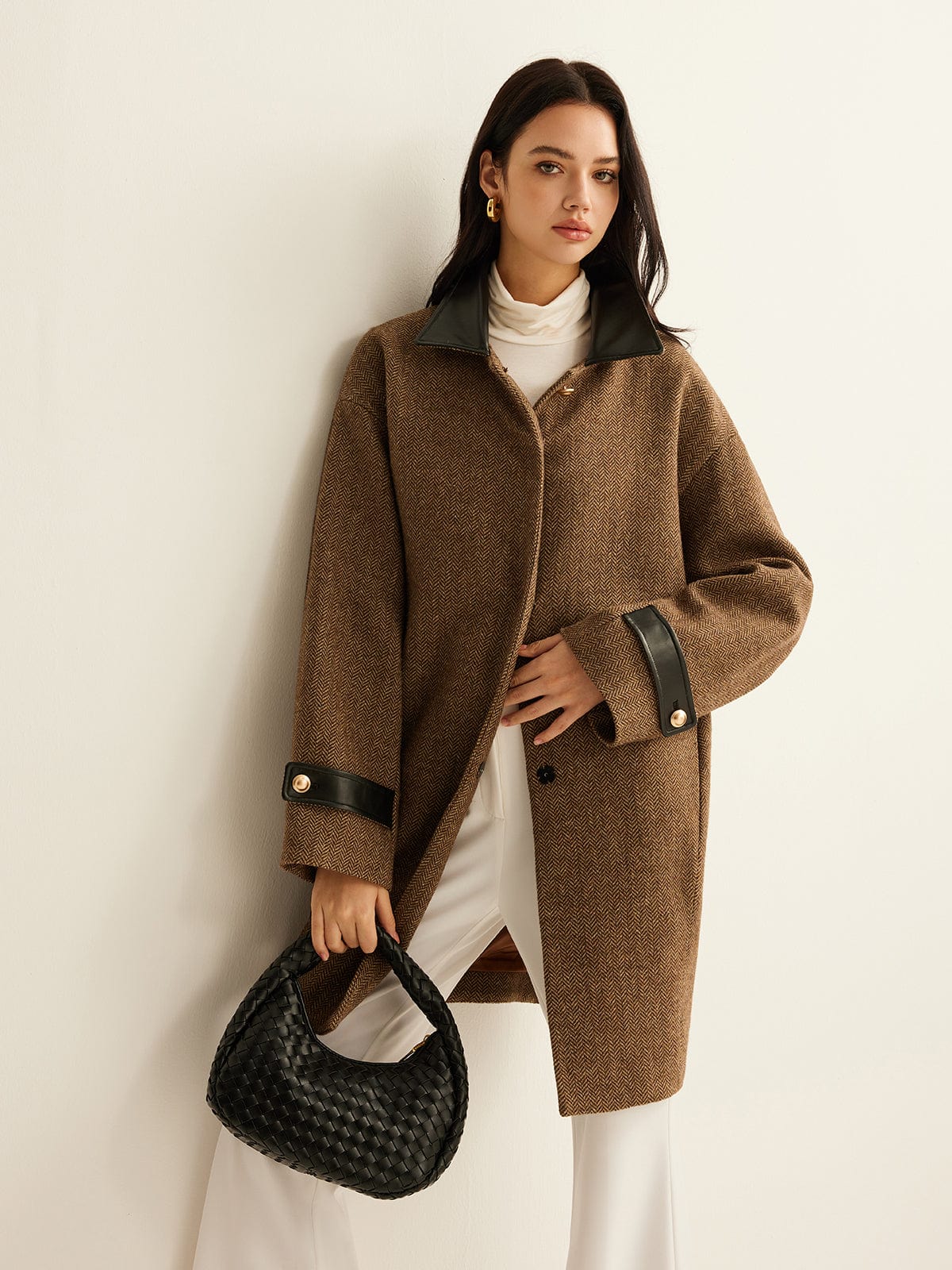 Clara | Eleganter Damenmantel mit Lederakzenten Winter
